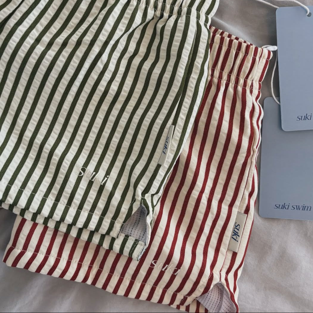 Boys swim shorts in red stripe  and olive stripe
