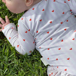 Girls one piece long sleeve swimsuit lilac stripe with red hearts UP50+ with double frills on legs