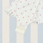 Girls one piece swimsuit hand-painted cherry pattern on yellow stripes UPF50+ yellow red green cream. double leg frills and self tie bow straps