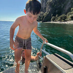 Boys swim shorts gingham check cocoa brown UPF50+ lined soft 
