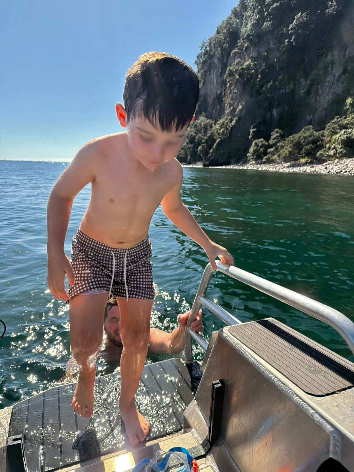 Boys swim shorts gingham check cocoa brown UPF50+ lined soft 