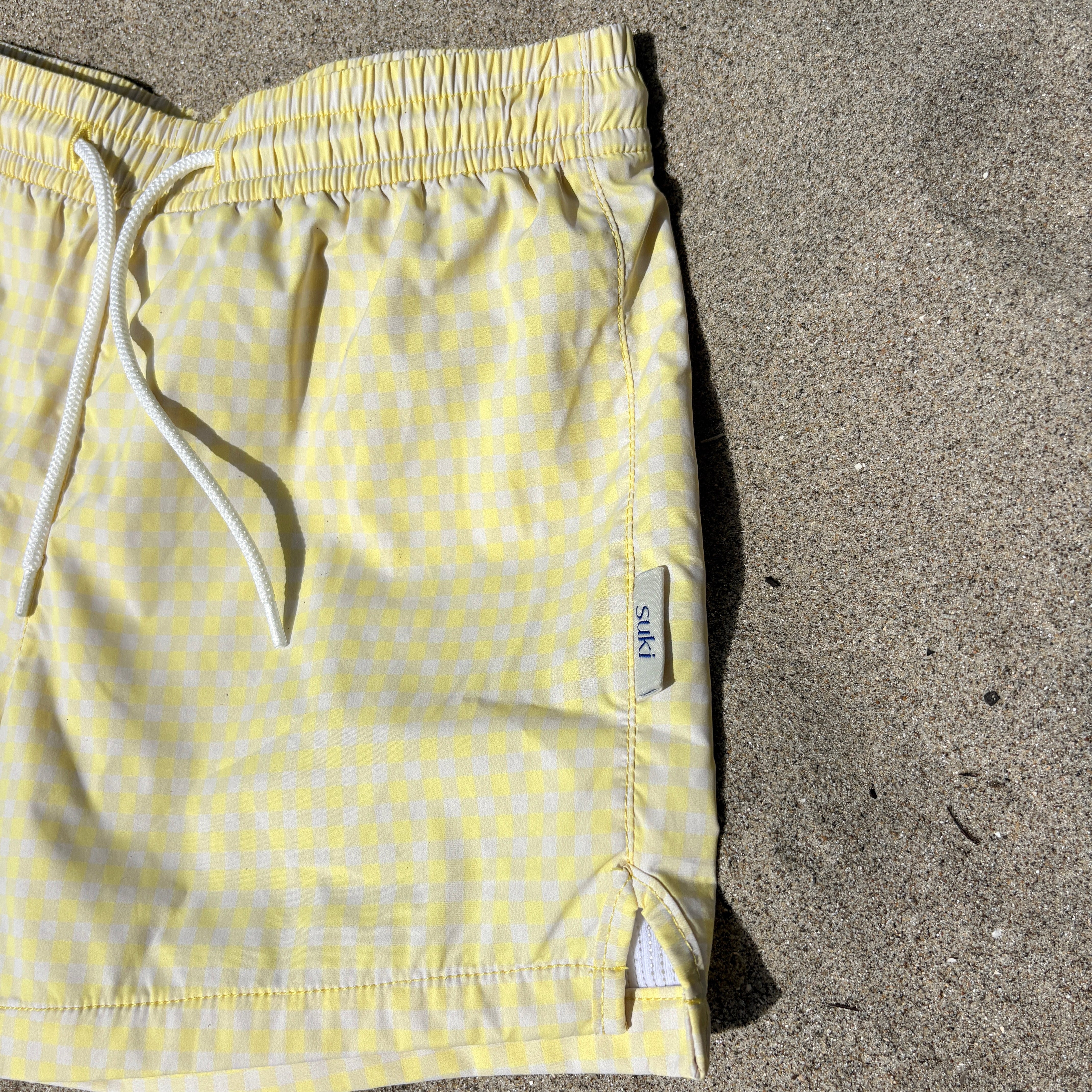 Boys swim shorts gingham check yellow UPF50+ lined soft 