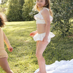 Girls bikini swimsuit hand-painted watercolour flower pattern UP50+ frilly pink and white