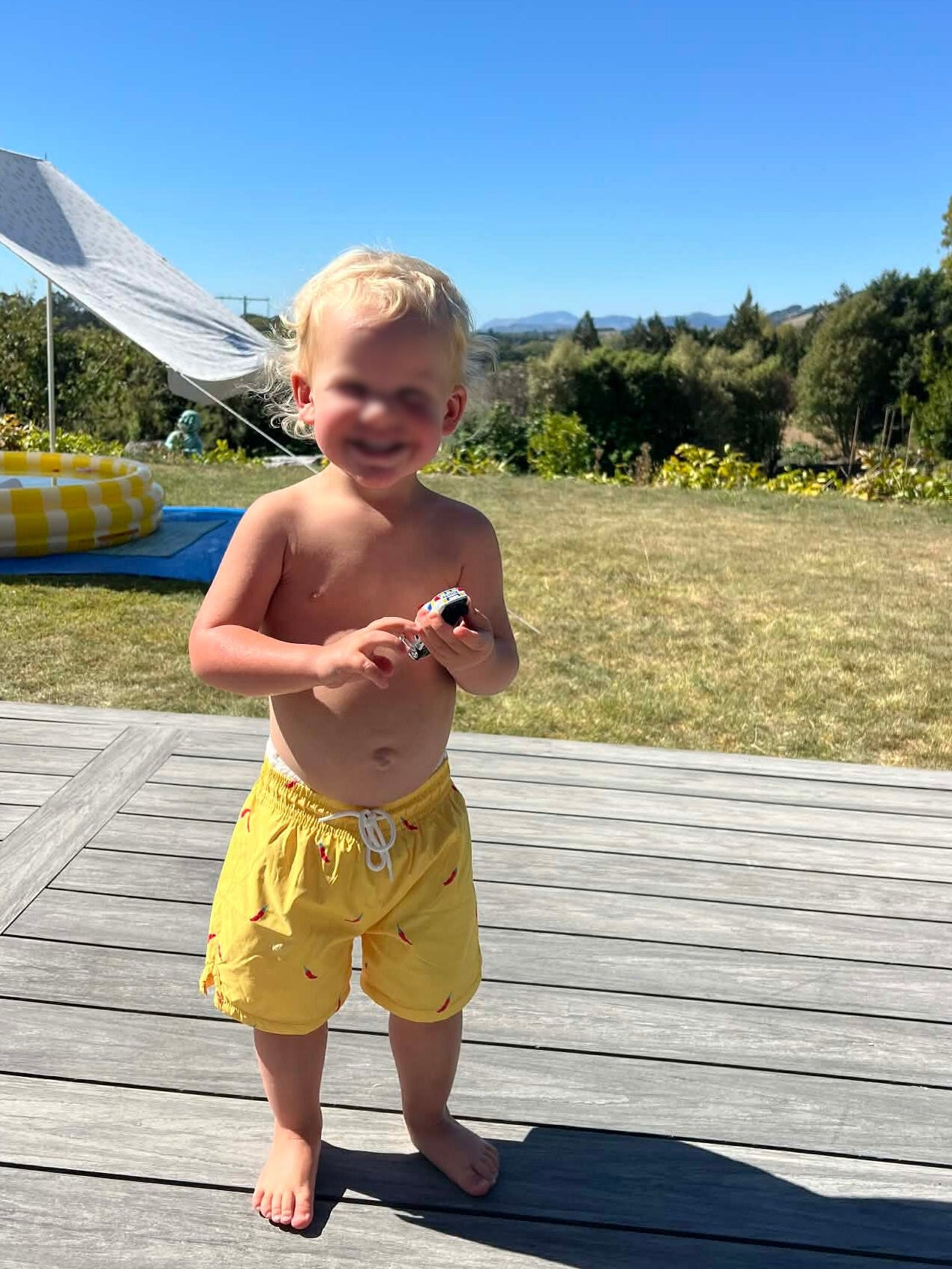Boys swim shorts hand-painted chillis yellow red UPF50+ soft lined