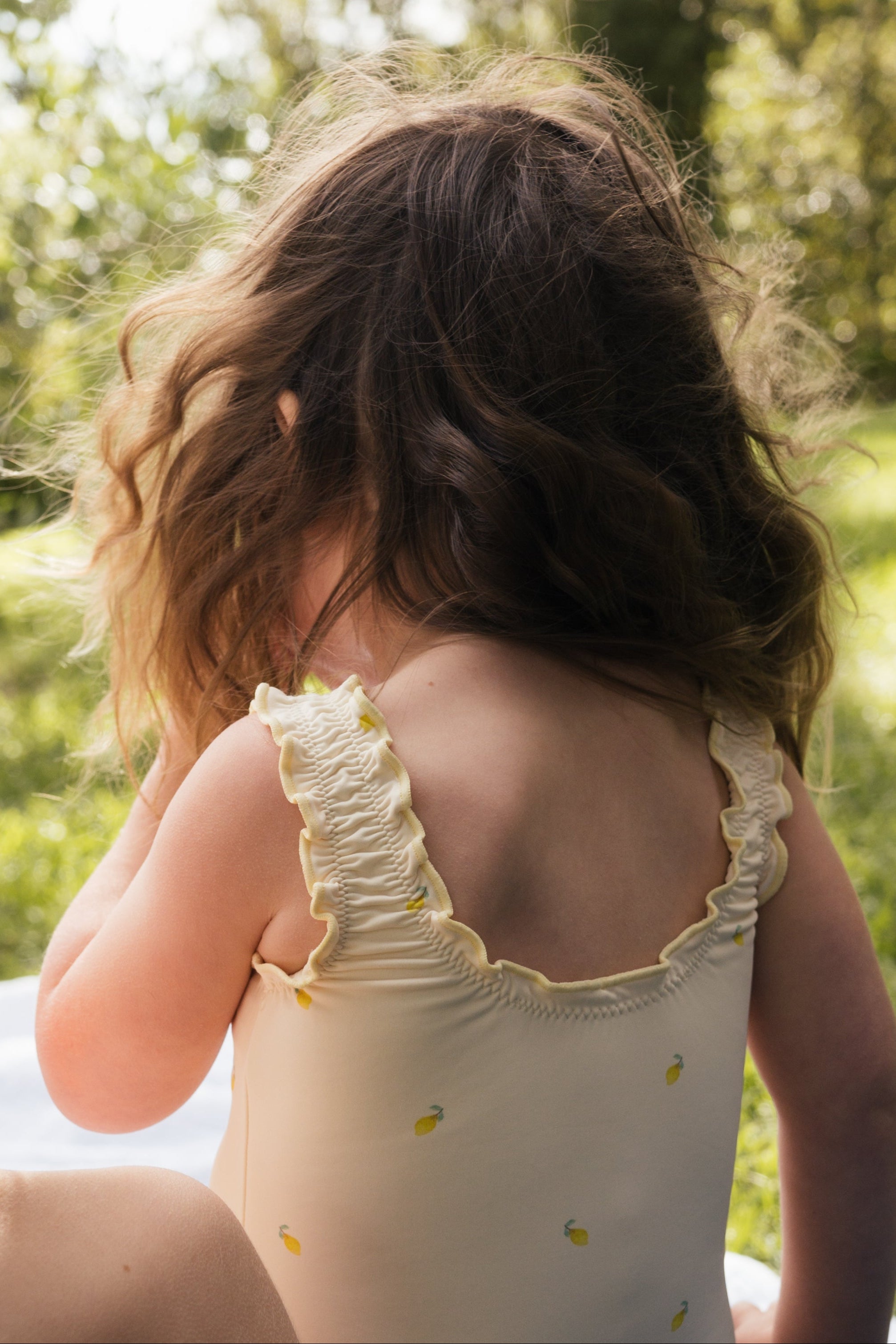 Girls one piece swimsuit hand-painted watercolour lemon pattern UP50+ cream and yellow