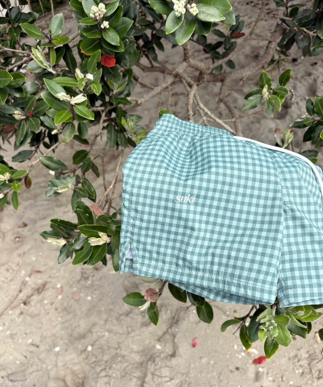 Boys swim shorts green gingham check UPF50+ soft lined