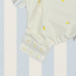 Girls one piece swimsuit hand-painted watercolour lemon pattern UP50+ cross ruched back straps yellow and cream