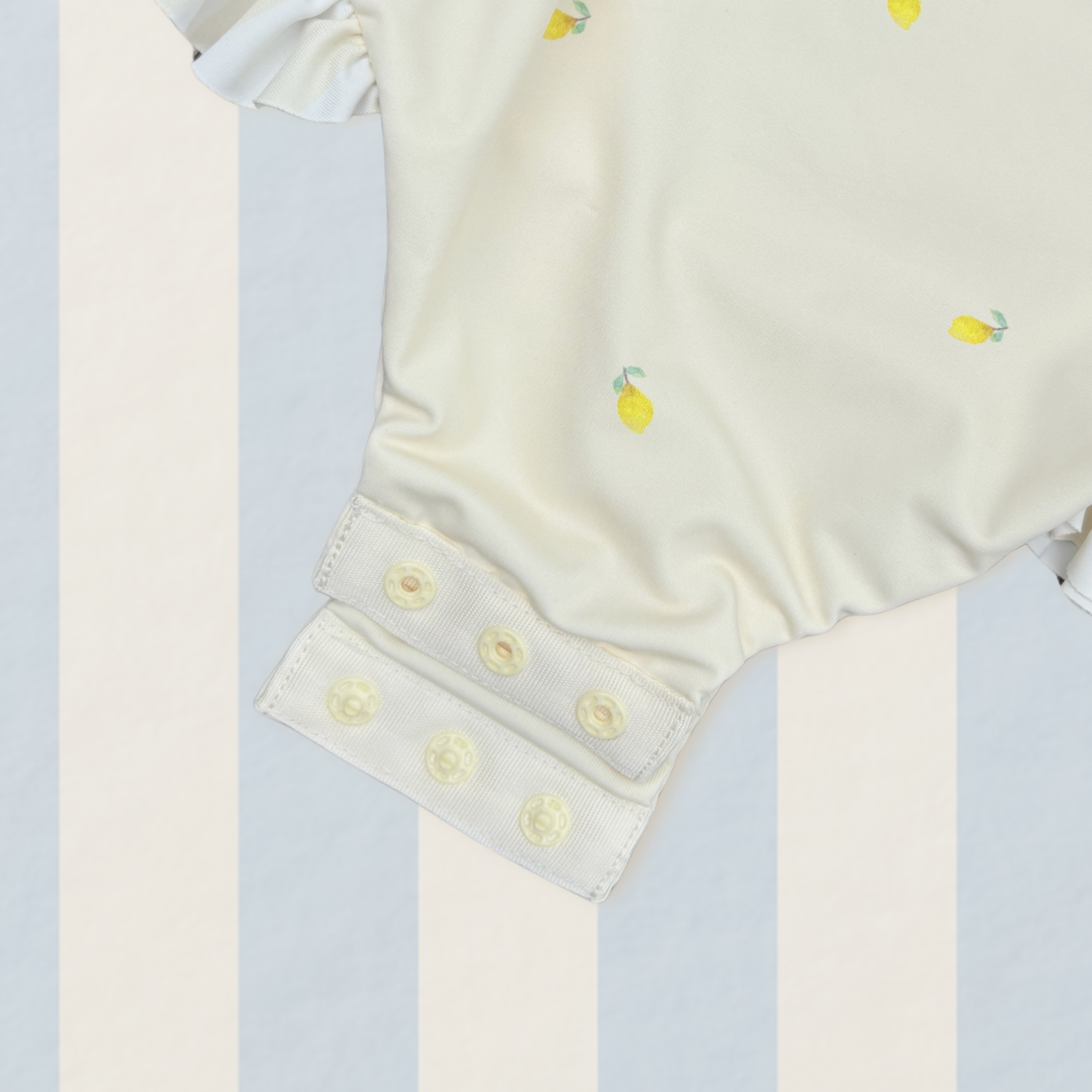 Girls one piece swimsuit hand-painted watercolour lemon pattern UP50+ cross ruched back straps yellow and cream