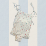 Girls one piece swimsuit hand-painted cherry pattern on yellow stripes UPF50+ yellow red green cream. double leg frills and self tie bow straps