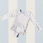 Girls one piece long sleeve swimsuit lilac stripe with red hearts UP50+ with double frills on legs