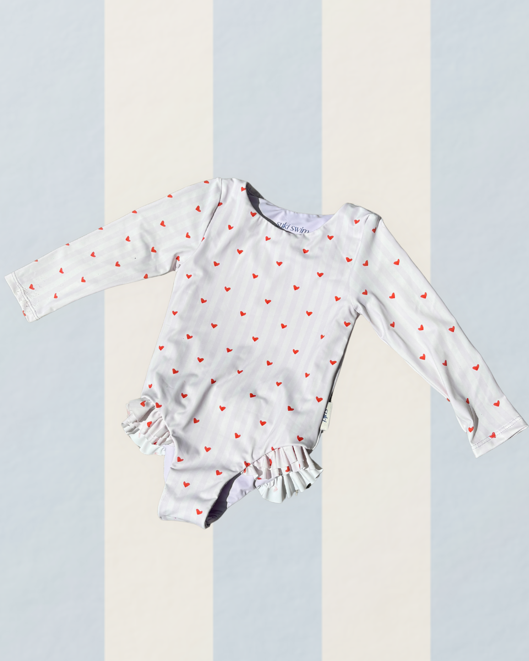 Girls one piece long sleeve swimsuit lilac stripe with red hearts UP50+ with double frills on legs