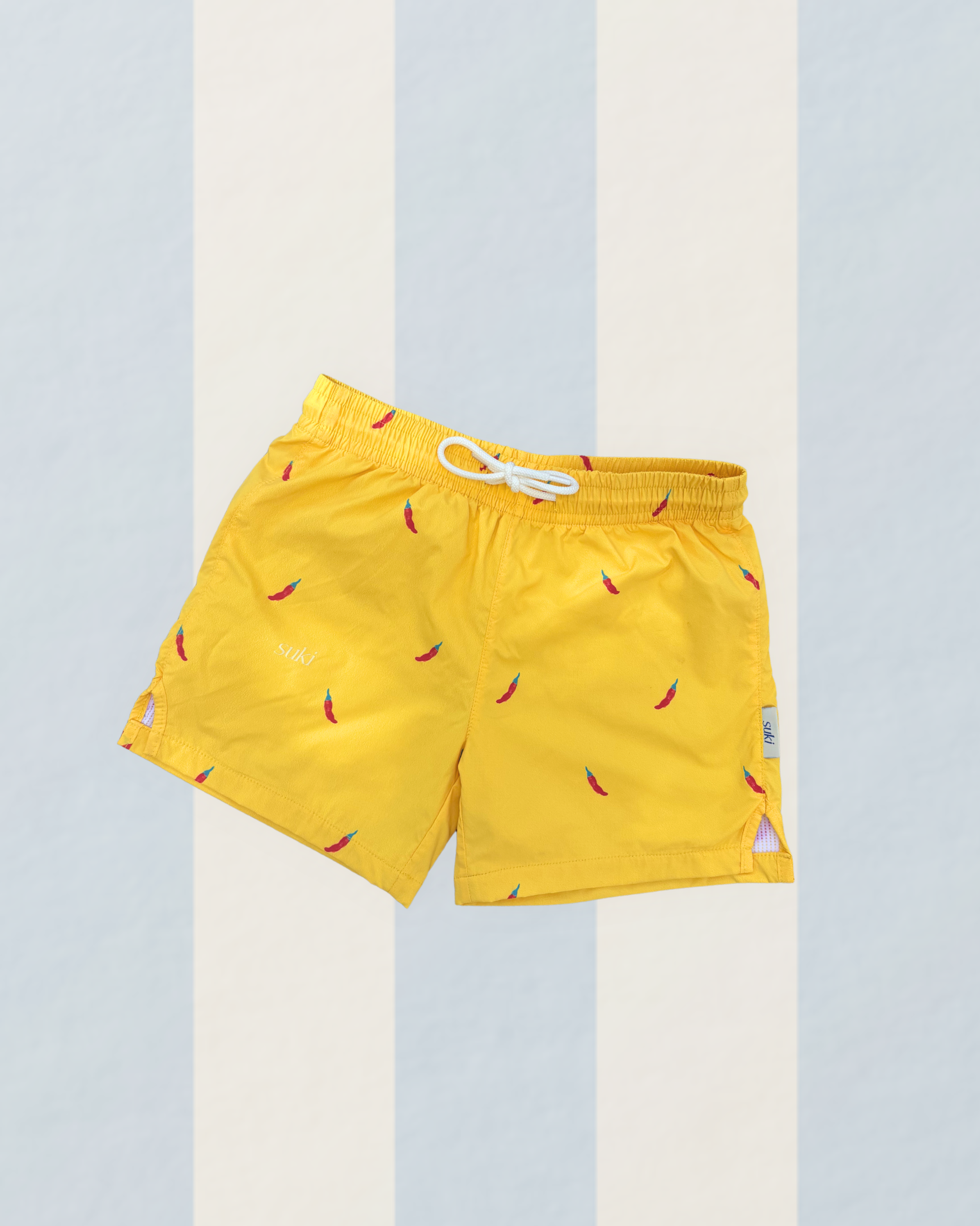 Boys swim shorts hand-painted chillis yellow red UPF50+ soft lined