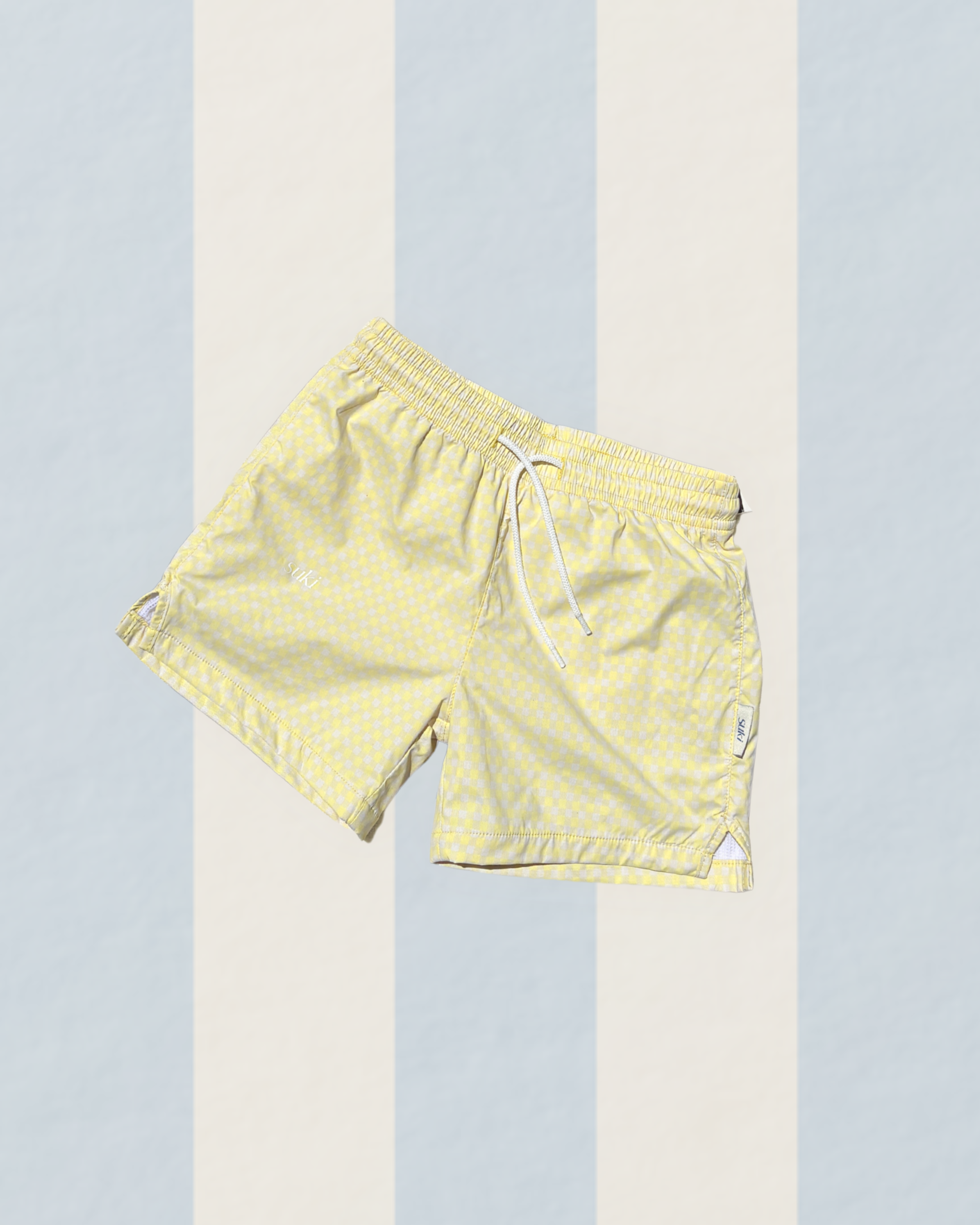 Boys swim shorts gingham check yellow UPF50+ lined soft 