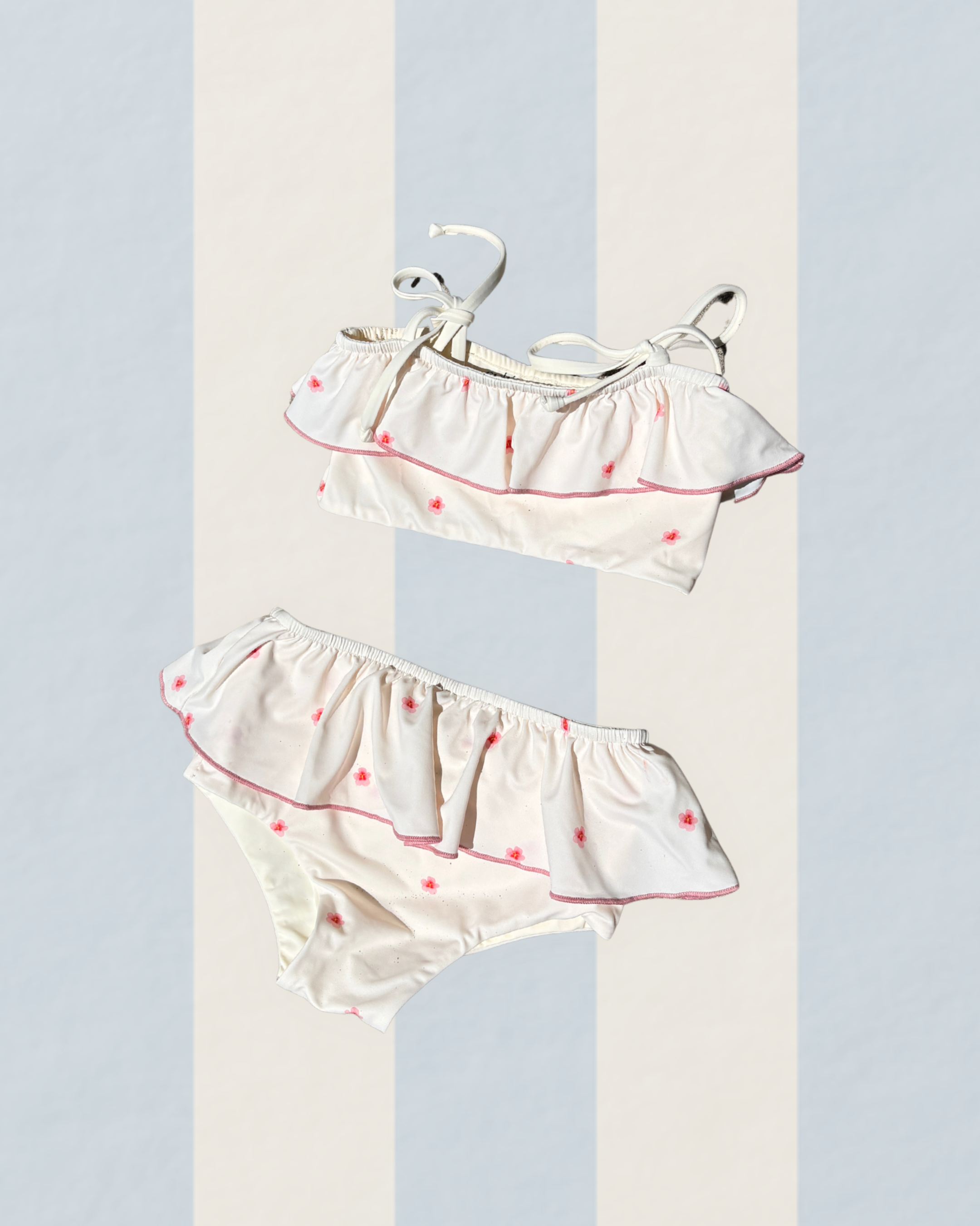 Girls bikini swimsuit hand-painted watercolour flower pattern UP50+ frilly pink and white