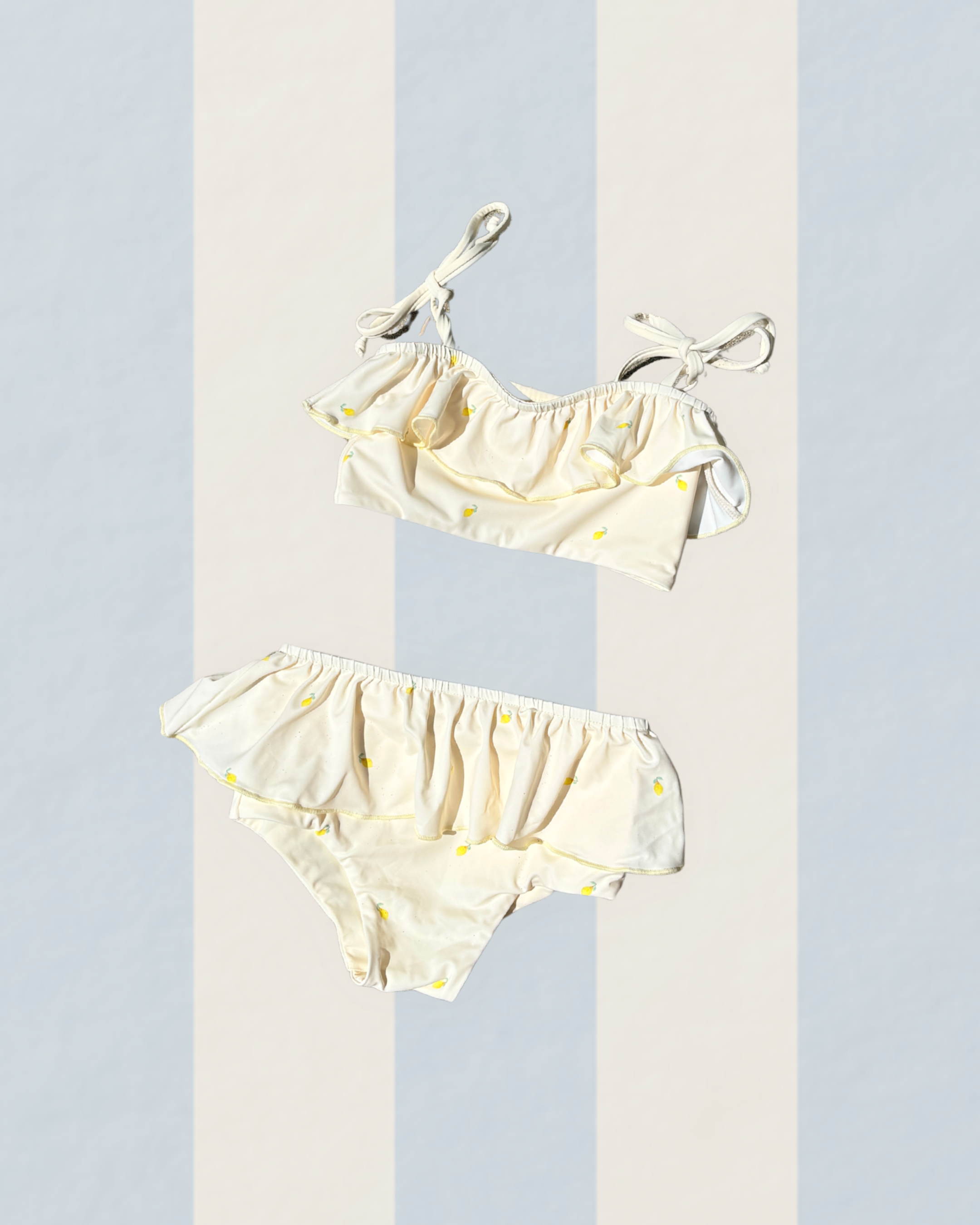 Girls bikini swimsuit hand-painted watercolour lemon pattern UP50+ frilly yellow and cream