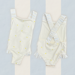 Girls one piece swimsuit hand-painted watercolour lemon pattern UP50+ cross ruched back straps yellow and cream
