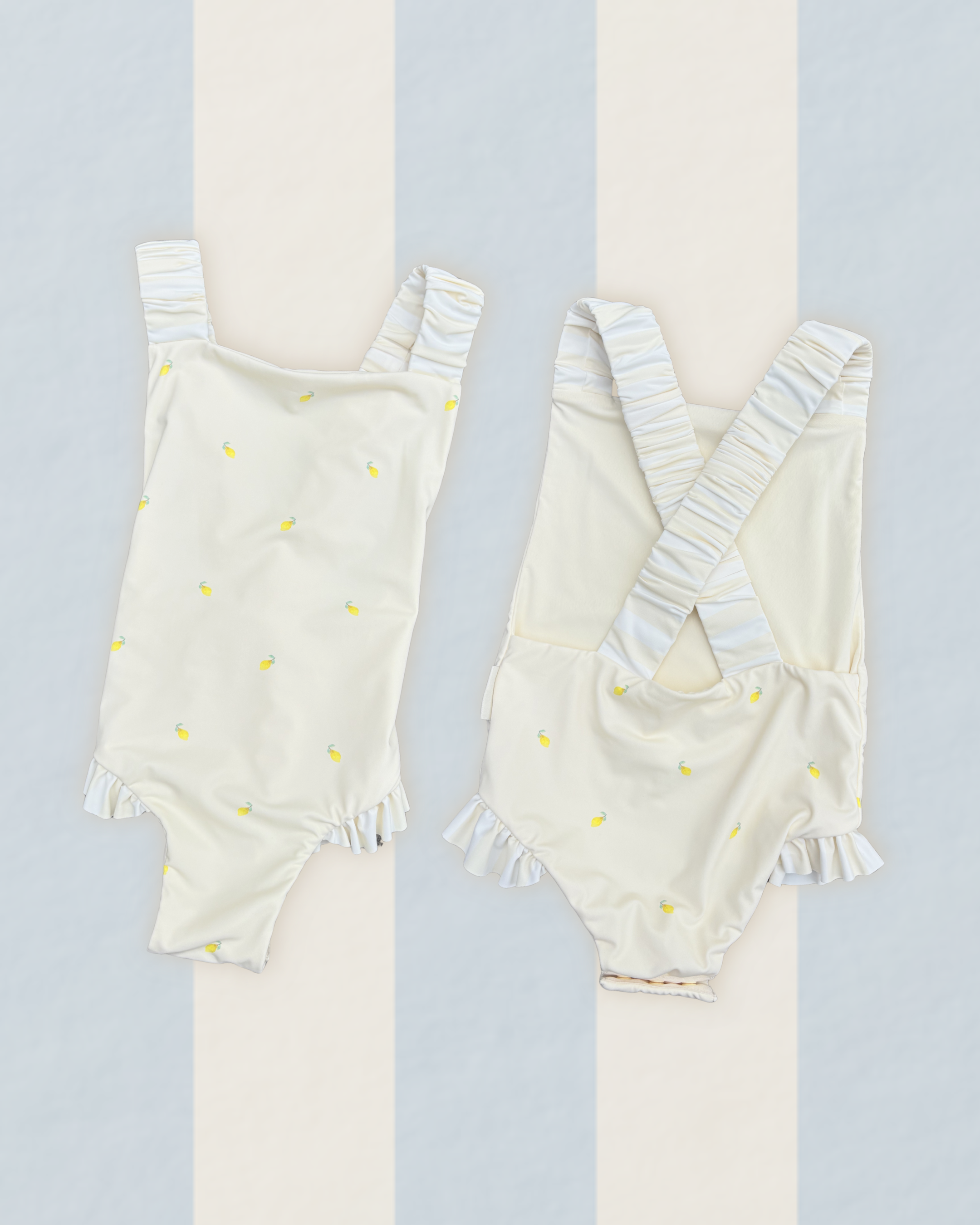 Girls one piece swimsuit hand-painted watercolour lemon pattern UP50+ cross ruched back straps yellow and cream