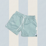 Boys swim shorts gingham check green  UPF50+ lined soft 