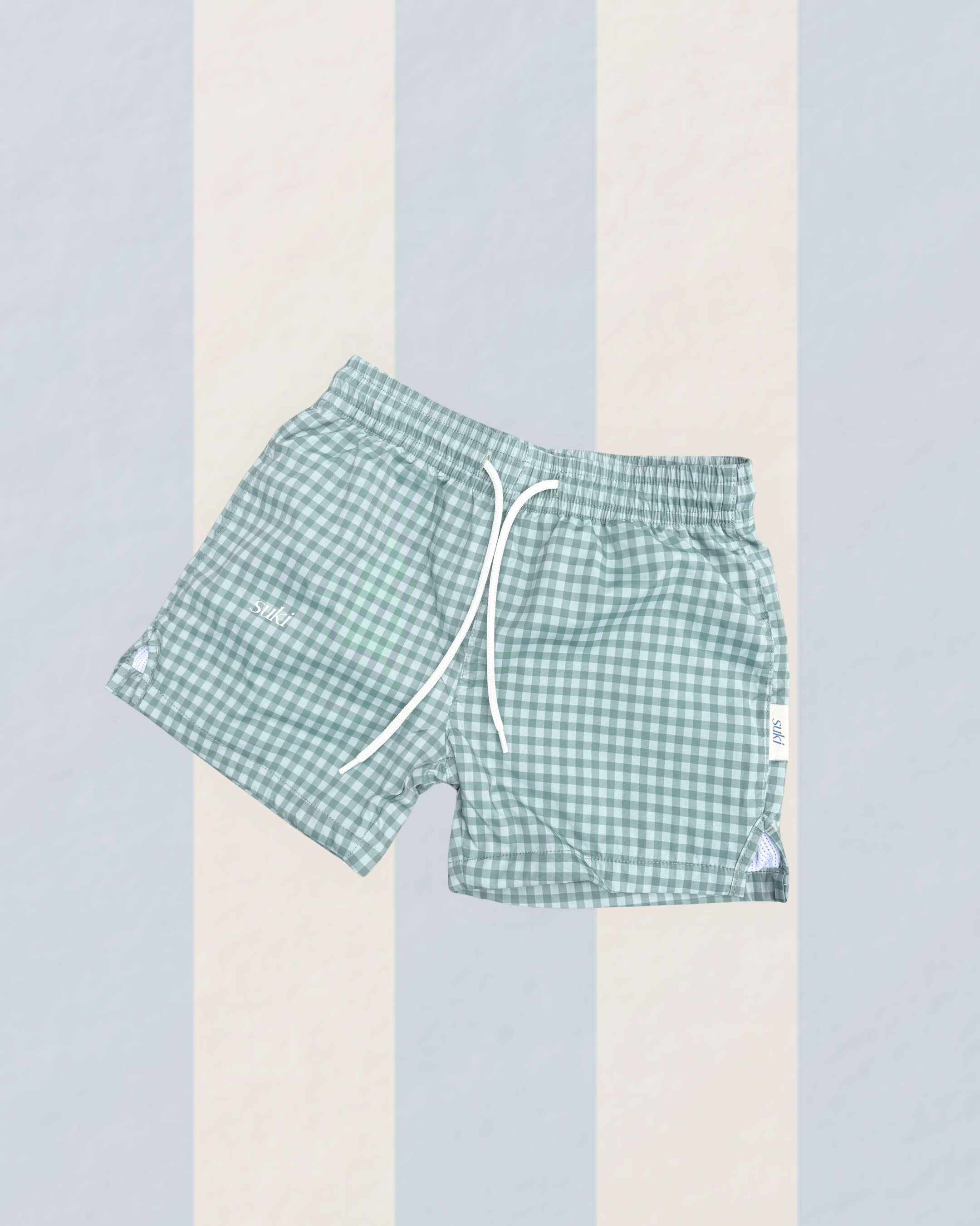 Boys swim shorts gingham check green  UPF50+ lined soft 