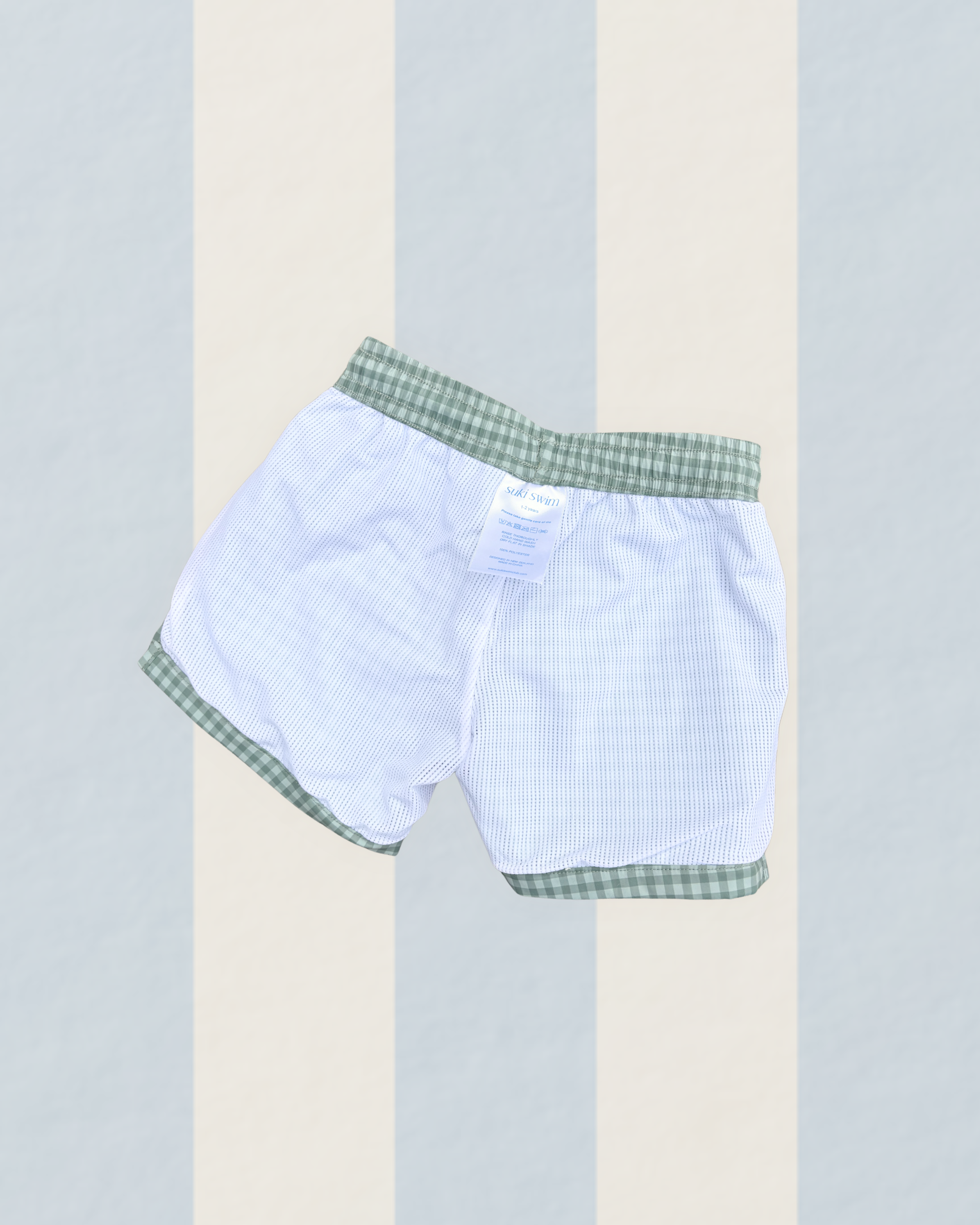 Boys swim shorts green gingham check UPF50+ soft lined
