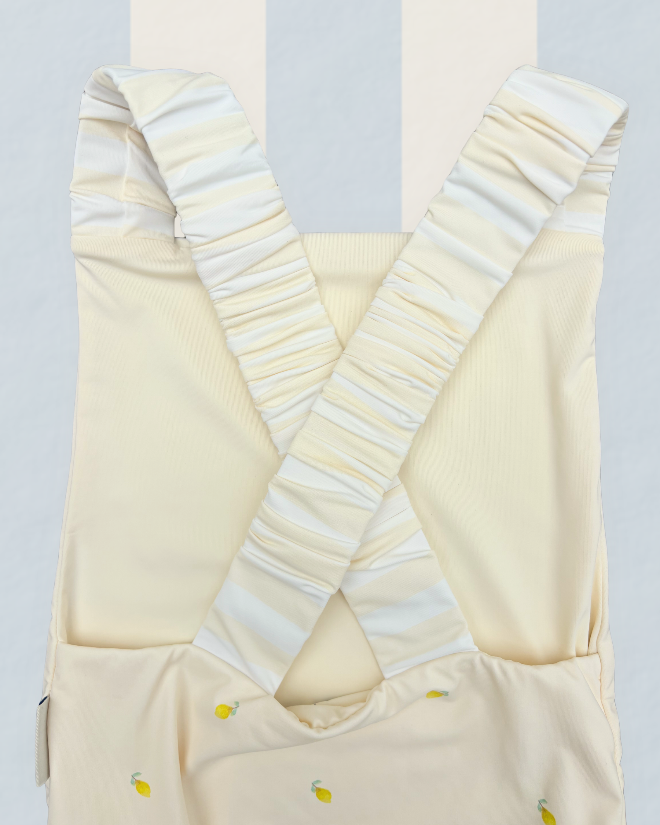 Girls one piece swimsuit hand-painted watercolour lemon pattern UP50+ cross ruched back straps yellow and cream