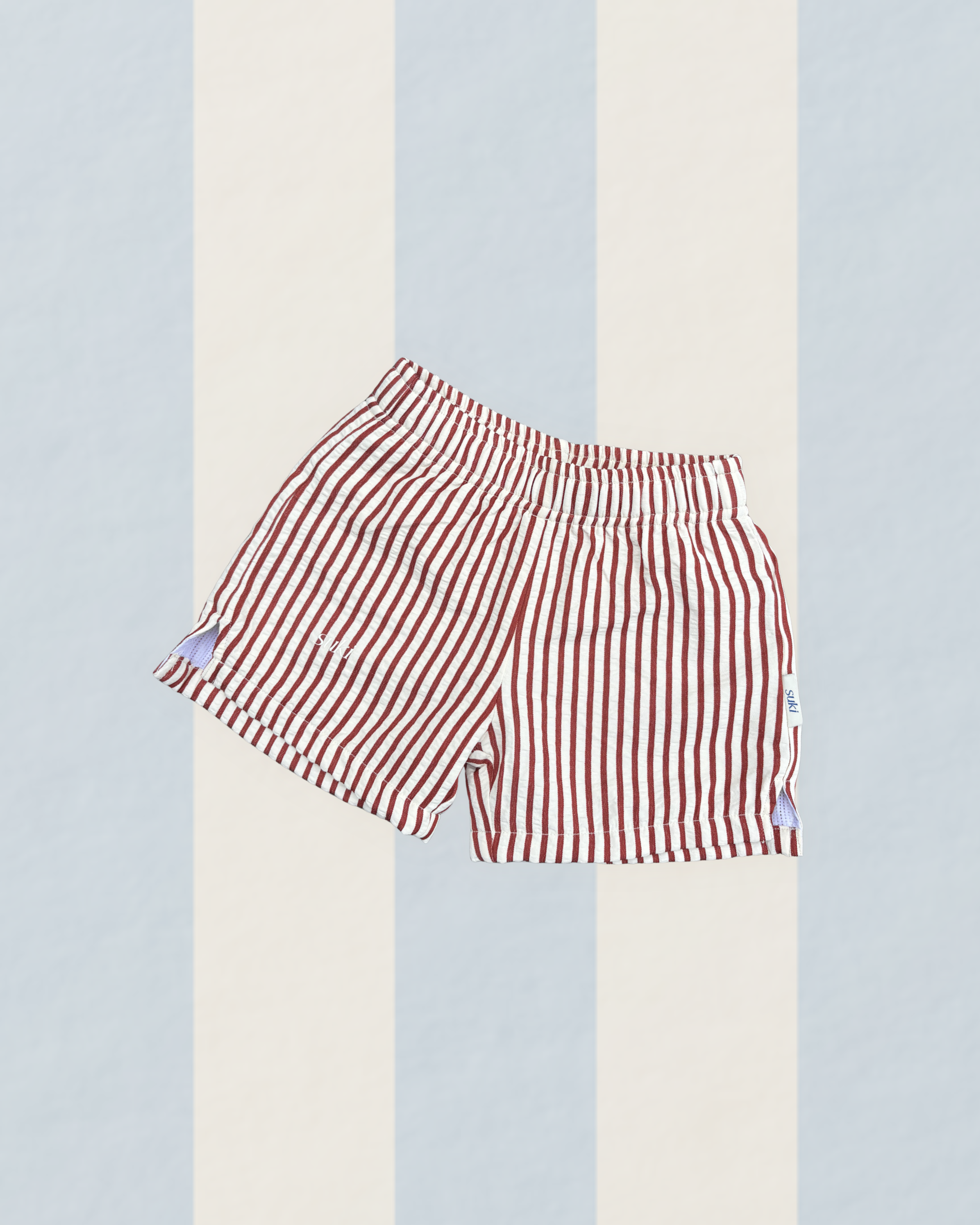 Boys swim shorts in red stripe  