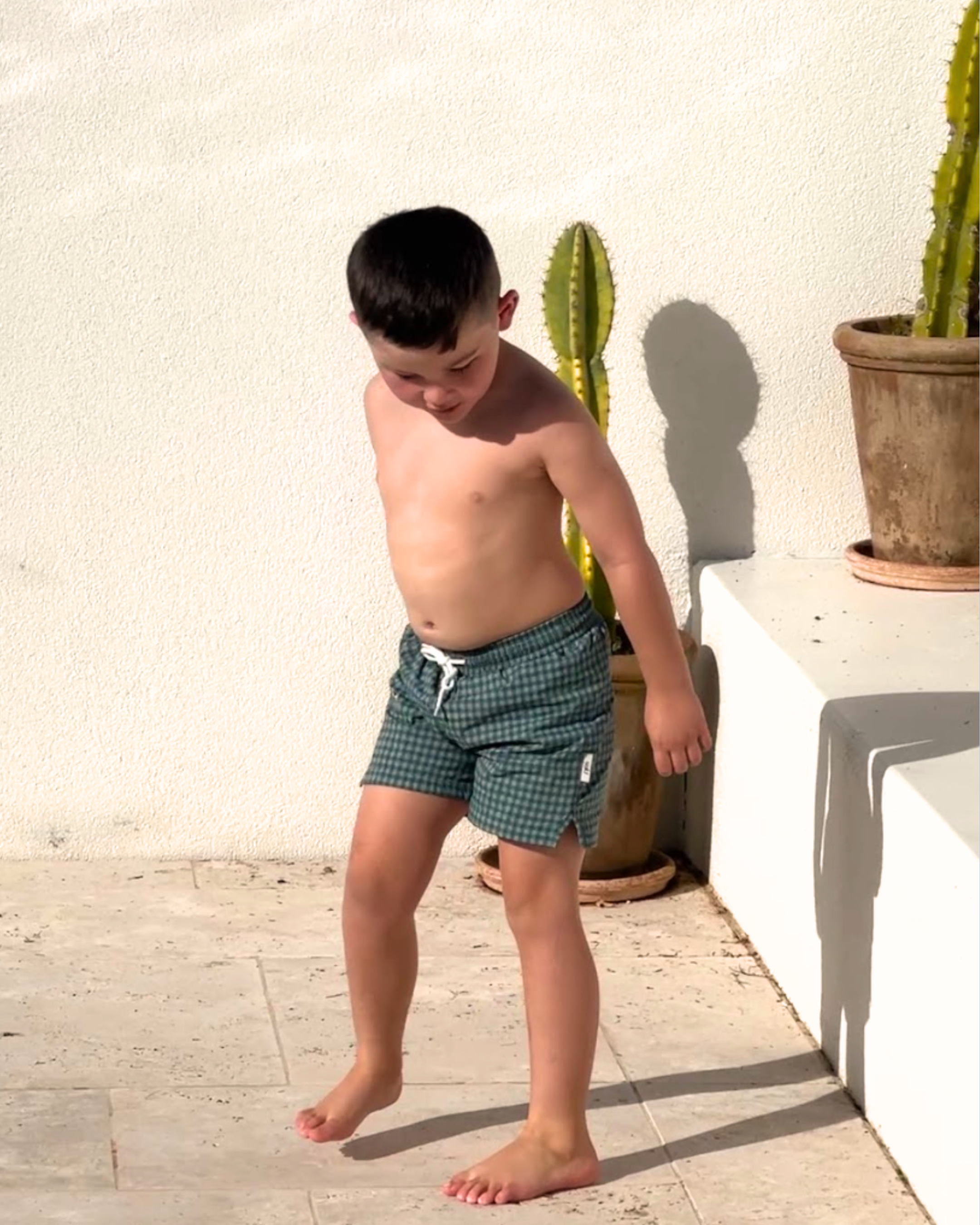 Boys swim shorts green gingham check UPF50+ soft lined