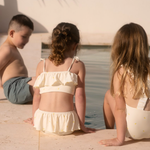 Girls bikini swimsuit hand-painted watercolour lemon pattern UP50+ frilly yellow and cream