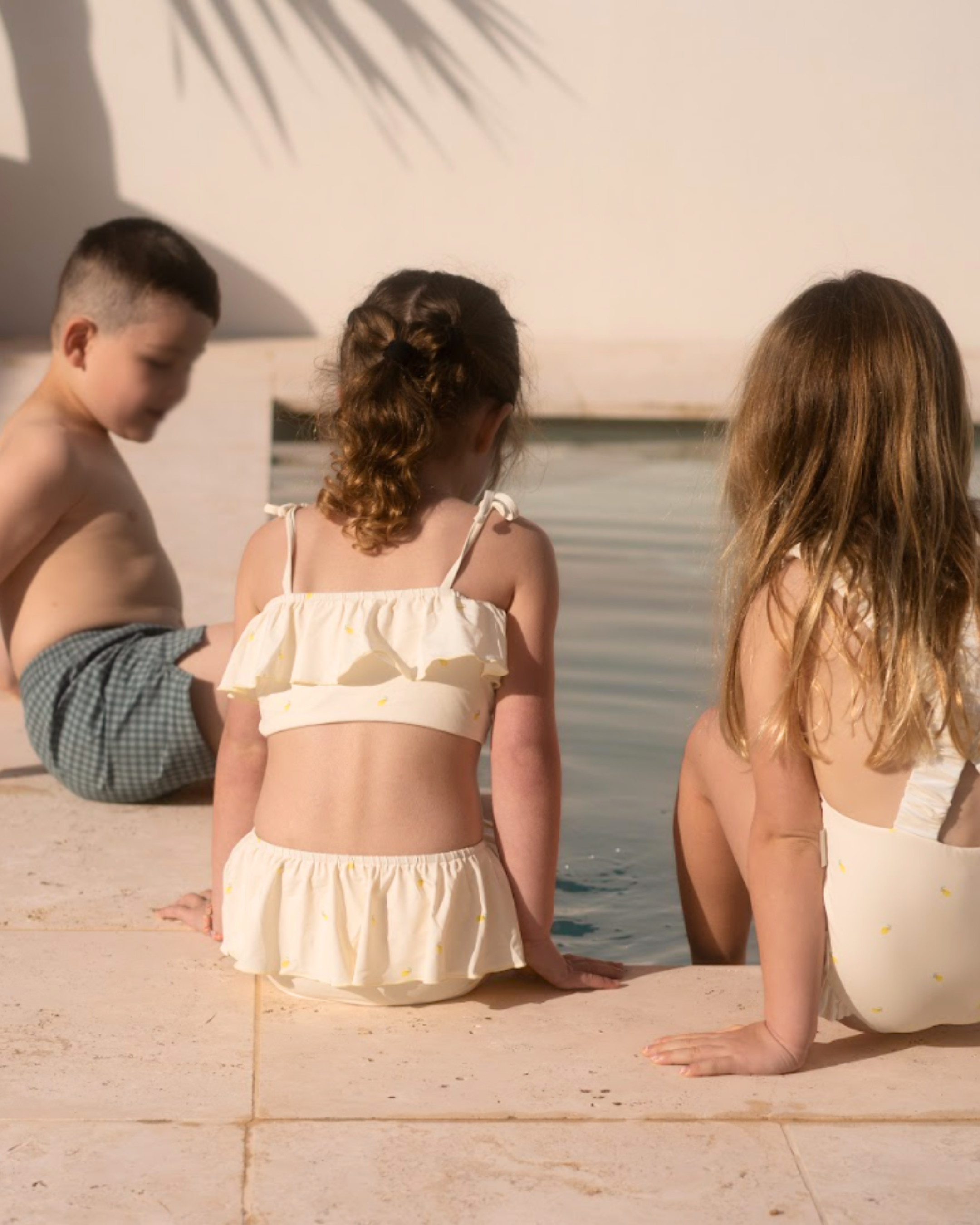Girls bikini swimsuit hand-painted watercolour lemon pattern UP50+ frilly yellow and cream